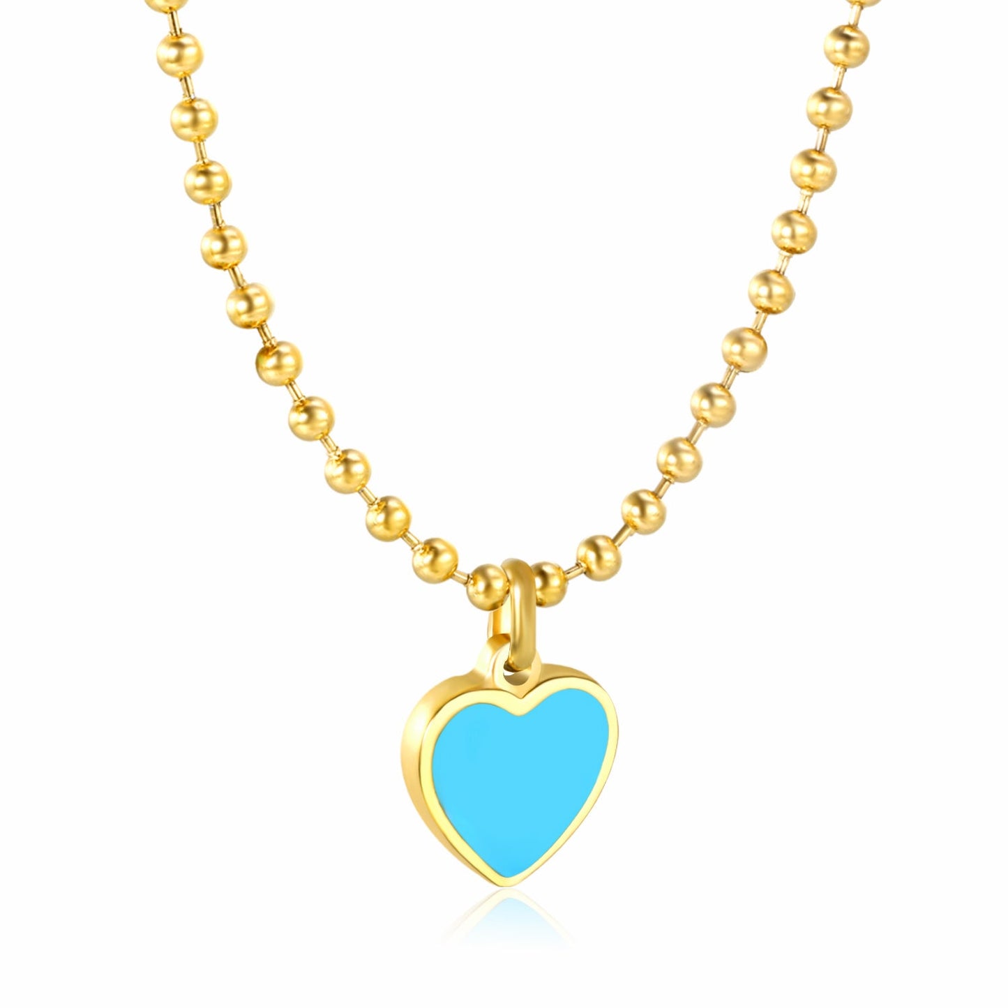 14.3x16.4mm blue teardrop heart 3mm bead chain 40+5cm + 6mm round tag necklace, gold asonjewelry