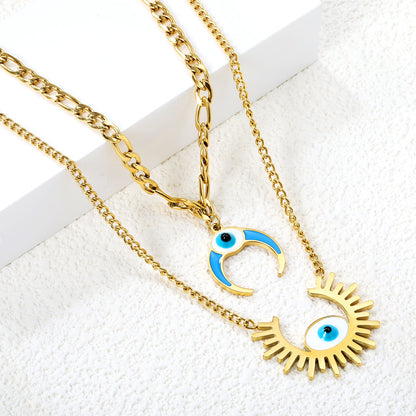 26.5mm Open Sun with White Eyes Accessory + 16mm Inverted C with Blue Drip Oil + White Eyes Accessory Double Chain Necklace 45+40+5cm asonjewelry