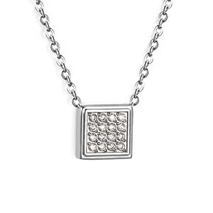 8mm beveled square CNC white zirconium pendant with 0.3mm cross chain 40cm + 5cm + 6mm round tag necklace, steel color/gold color