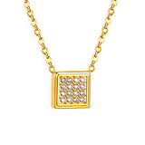 8mm beveled square CNC white zirconium pendant with 0.3mm cross chain 40cm + 5cm + 6mm round tag necklace, steel color/gold color