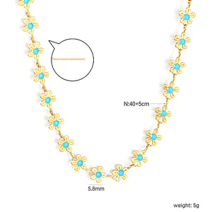 5.8mm Blue Drip Flower 40+5cm+11.2x3.7mm Square Tag Necklace, Gold