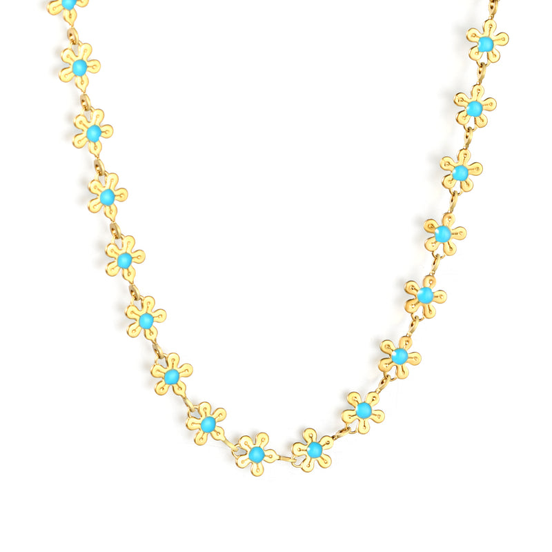 5.8mm Blue Dripping Flower 40+5cm + 11.2 x 3.7mm Square Tag Necklace Gold