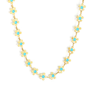 5.8mm Blue Drip Flower 40+5cm+11.2x3.7mm Square Tag Necklace, Gold
