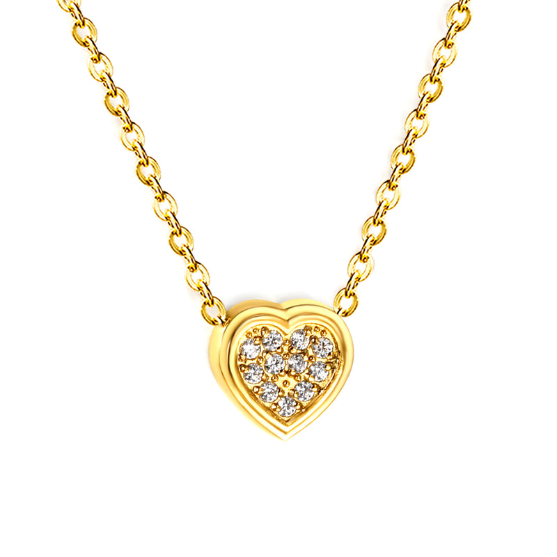 7.7 x 8mm beveled heart-shaped CNC white zirconia pendant with 0.3mm cross chain (40+5cm) and 6mm round tag necklace in steel gray/gold