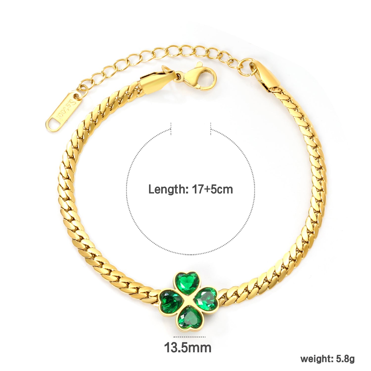 13.5mm four-leaf clover with green zircon 3.9 gold dragon chain 17+5cm+11.2*3.7mm square tail plaque bracelet gold color asonjewelry