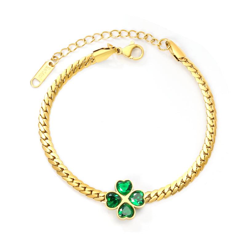 13.5mm four-leaf clover with green zircon 3.9 gold dragon chain 17+5cm+11.2*3.7mm square tail plaque bracelet gold color