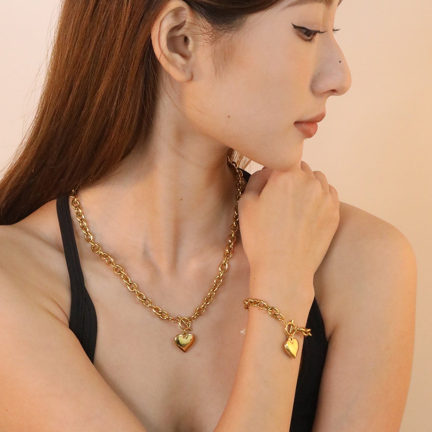 OT Oversized Chain Heart Pendant Necklace, Gold asonjewelry