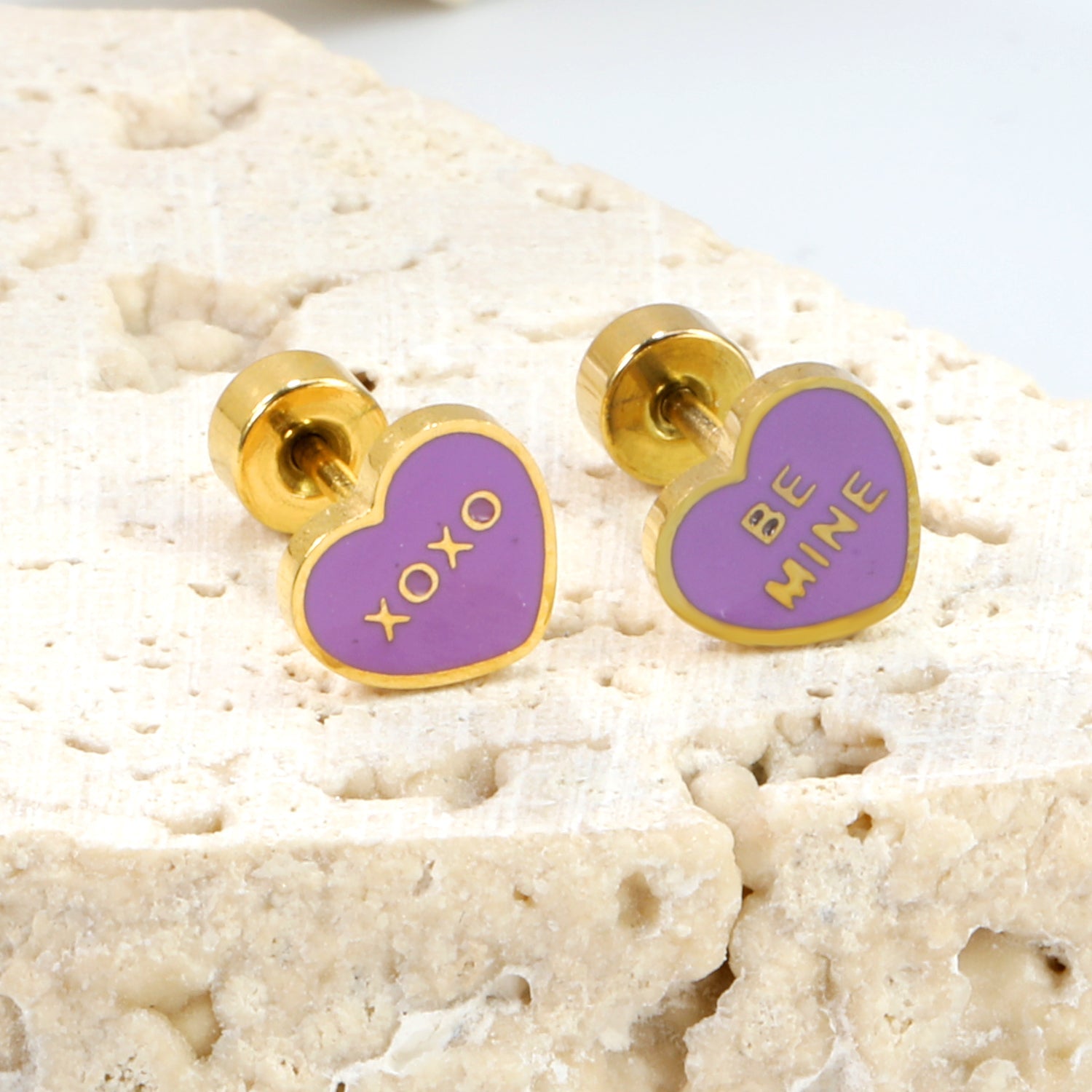 Screw plug 0.8*8mm pin 7*6.3mm heart with purple oil drop earrings gold color asonjewelry