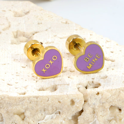 Screw plug 0.8*8mm pin 7*6.3mm heart with purple oil drop earrings gold color asonjewelry