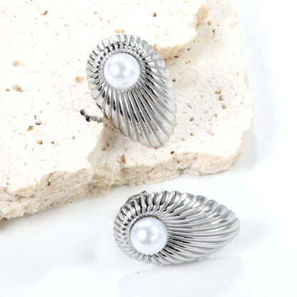 Oval Leaf with 1 White Pearl Stud Earrings 15.2*24mm asonjewelry