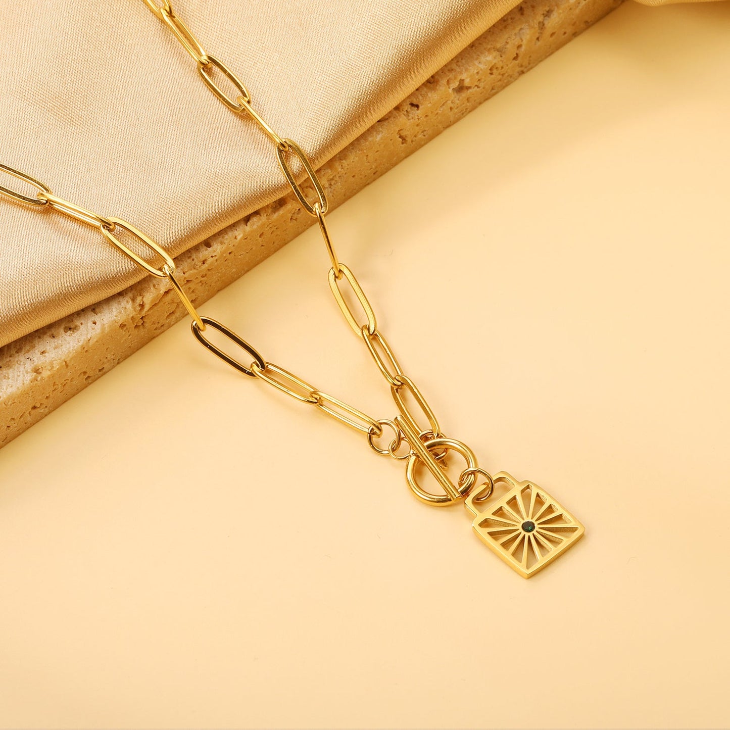 Square hollowed out pendant with green diamonds 15*28mm necklace 45cm asonjewelry