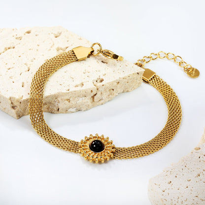 15mm round with imitation white pearl/pink crystal/tiger's eye accessories Thick 1*Width 6mm mesh chain 18+3cm+6mm round plaque Bracelet gold color asonjewelry