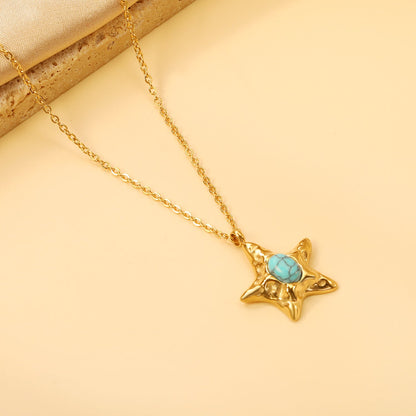 Starfish with oval blue turquoise pendant 21.2mm necklace 50+5cm asonjewelry