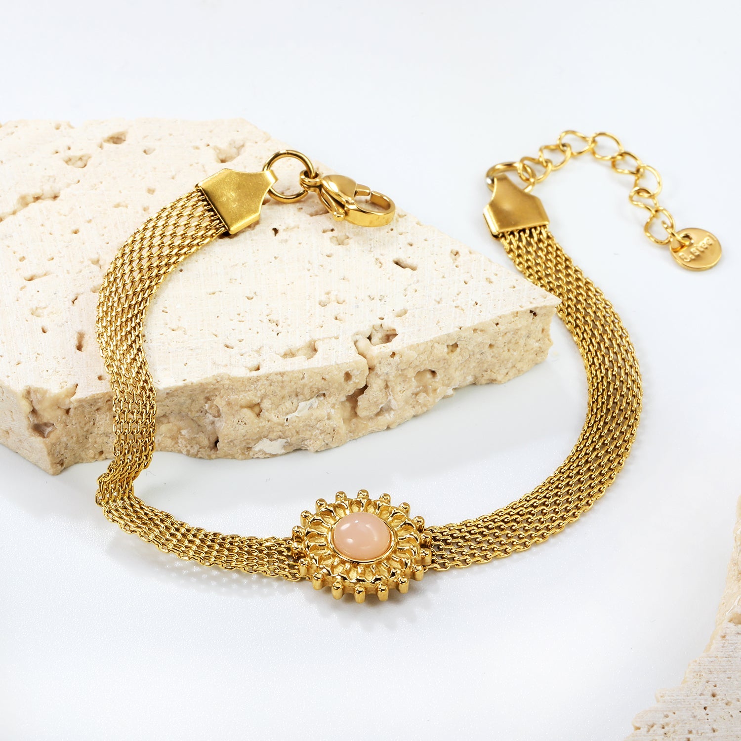 15mm round with imitation white pearl/pink crystal/tiger's eye accessories Thick 1*Width 6mm mesh chain 18+3cm+6mm round plaque Bracelet gold color asonjewelry