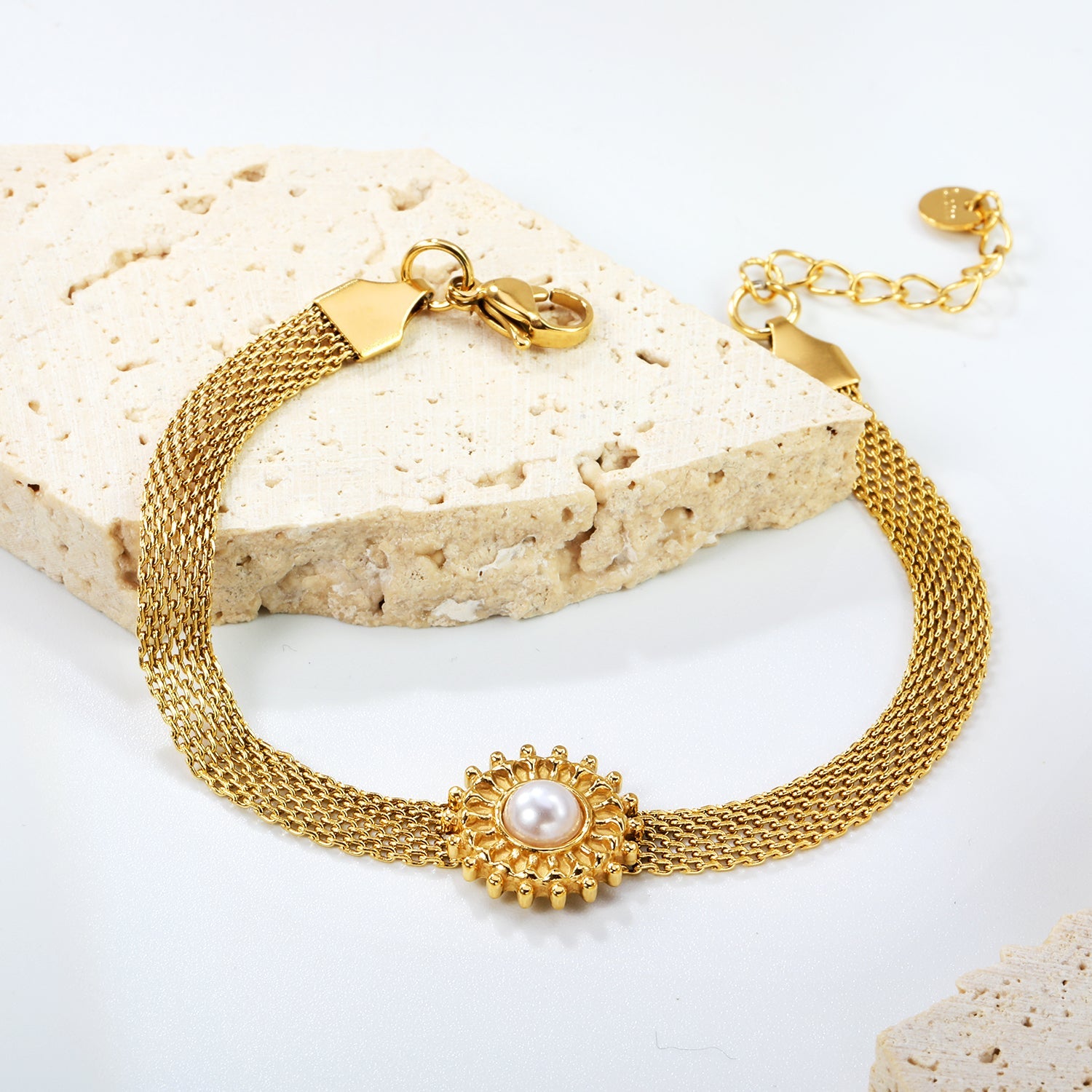 15mm round with imitation white pearl/pink crystal/tiger's eye accessories Thick 1*Width 6mm mesh chain 18+3cm+6mm round plaque Bracelet gold color asonjewelry