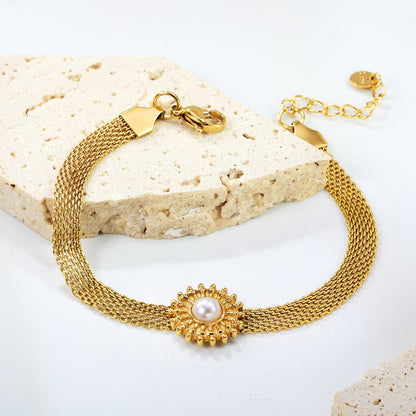 15mm round with imitation white pearl/pink crystal/tiger's eye accessories Thick 1*Width 6mm mesh chain 18+3cm+6mm round plaque Bracelet gold color asonjewelry