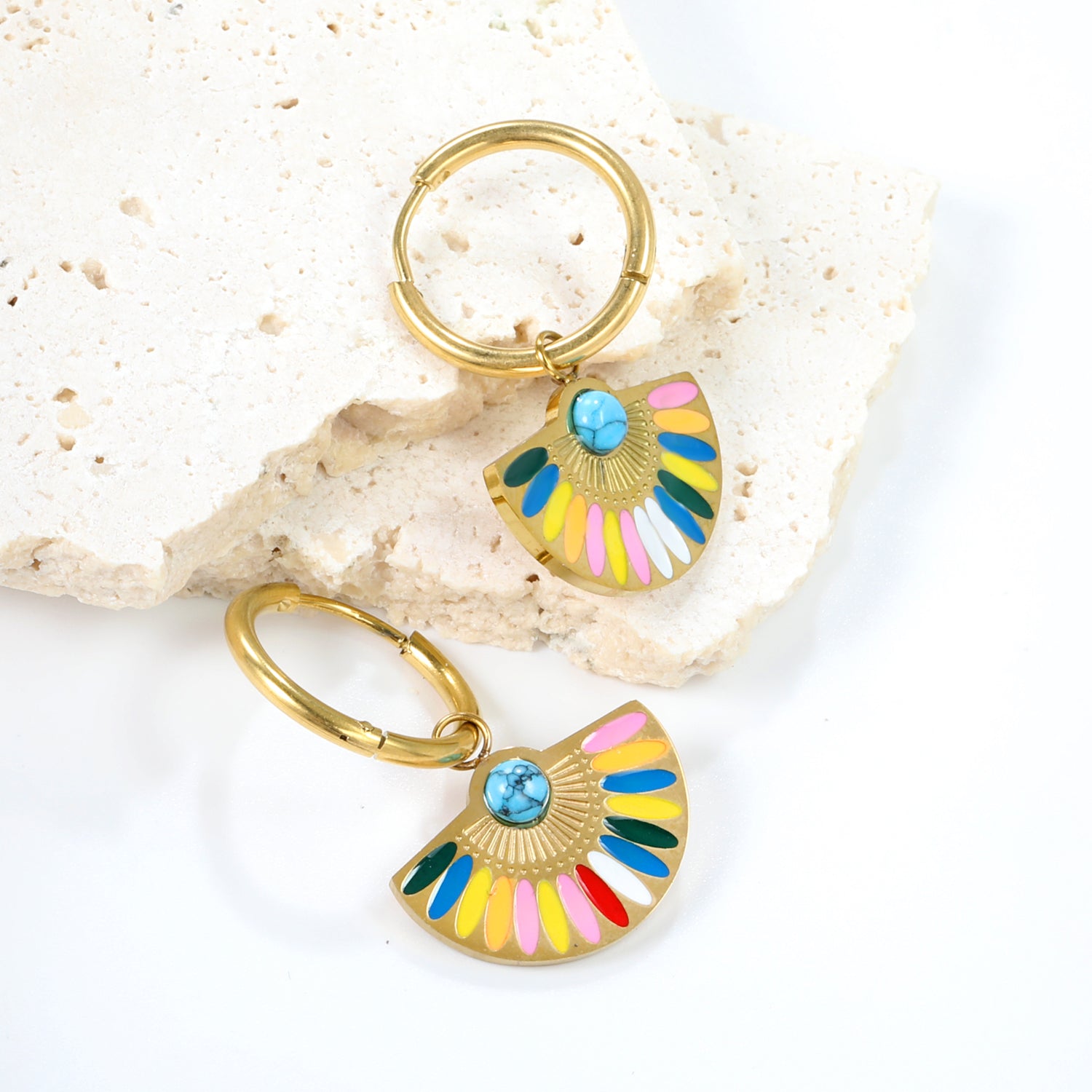 2*18.5mm Circle+Scalloped with Colorful Oil Drops+Semi-circle Blue Turquoise Earrings 21.3*14.6mm asonjewelry