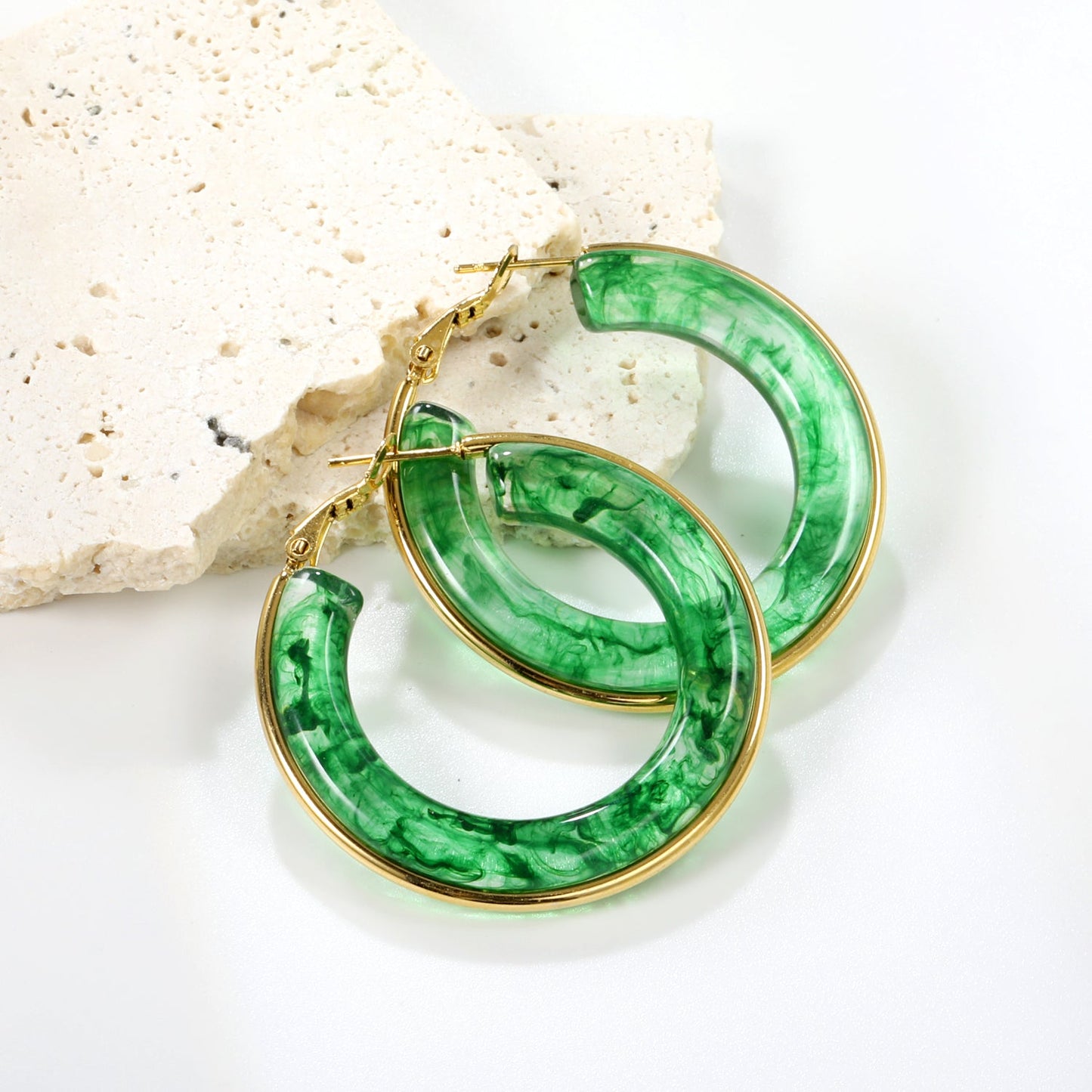 Round with White & Black & Green & Coffee Resin Loop Earrings 6.1*41.5mm asonjewelry