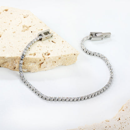 2mm/3mm Round White/Black Crystal Zirconia 17cm Clasp Bracelet Steel/Golden asonjewelry