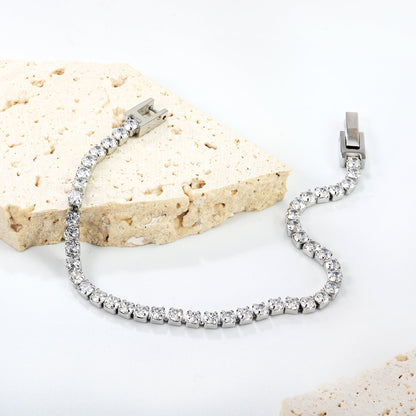 2mm/3mm Round White/Black Crystal Zirconia 17cm Clasp Bracelet Steel/Golden asonjewelry