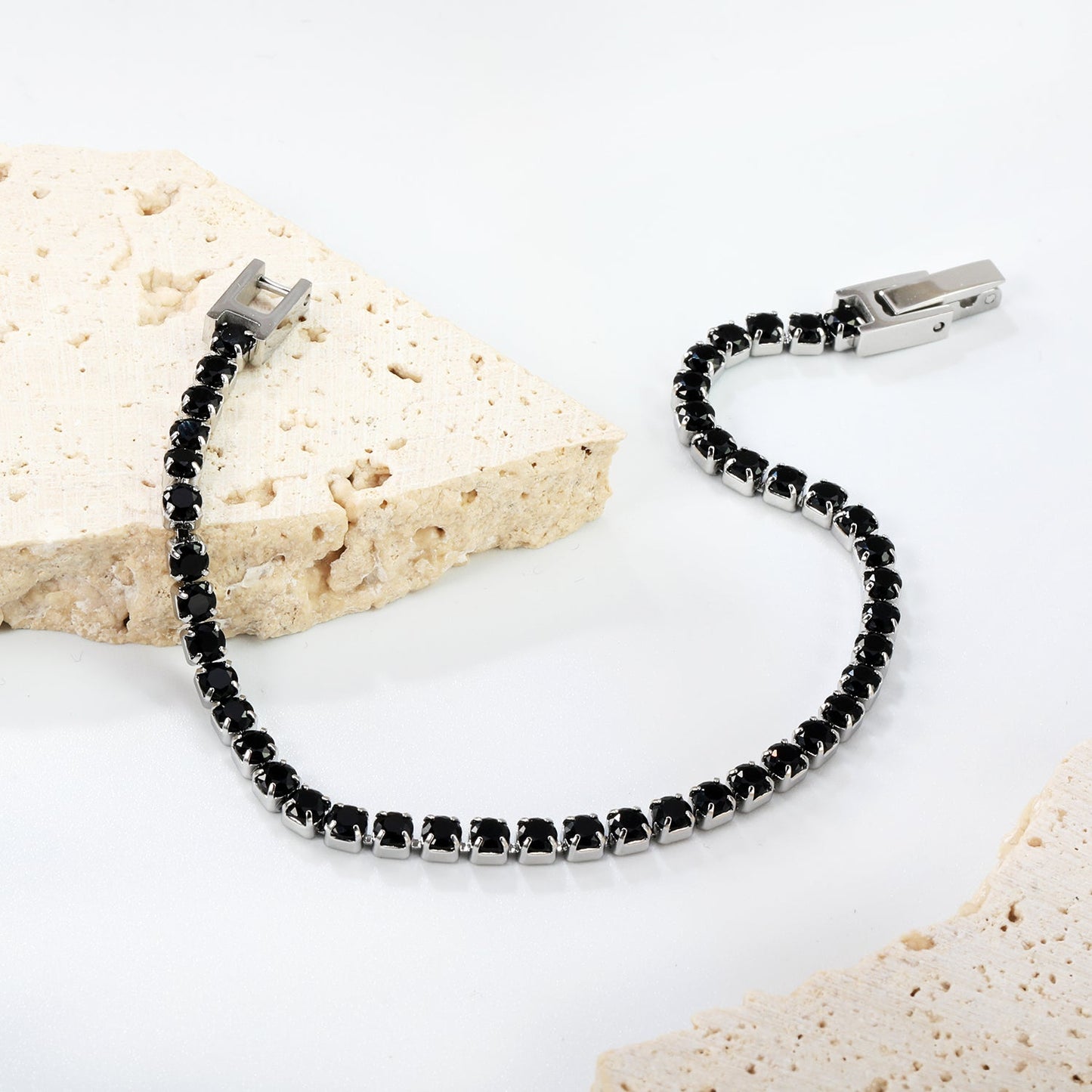 2mm/3mm Round White/Black Crystal Zirconia 17cm Clasp Bracelet Steel/Golden asonjewelry