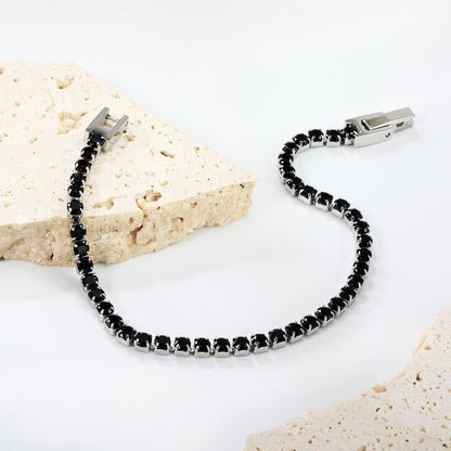 2mm/3mm Round White/Black Crystal Zirconia 17cm Clasp Bracelet Steel/Golden asonjewelry