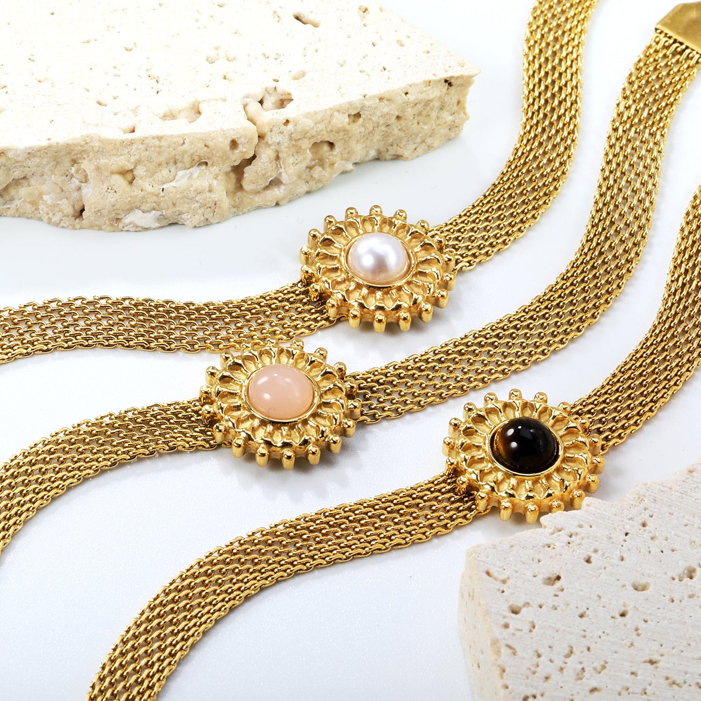 15mm round with imitation white pearl/pink crystal/tiger's eye accessories Thick 1*Width 6mm mesh chain 18+3cm+6mm round plaque Bracelet gold color asonjewelry