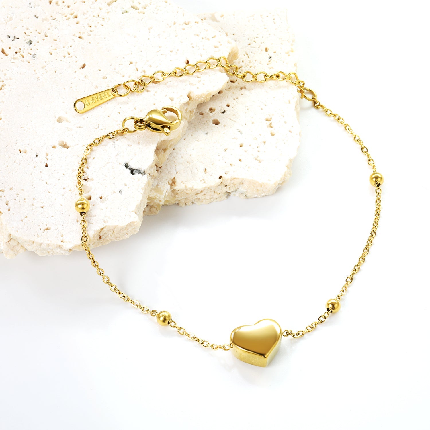 10.5*9*5.4mm three-dimensional heart + 3mm*4 steel beads bracelet 17+5cm asonjewelry