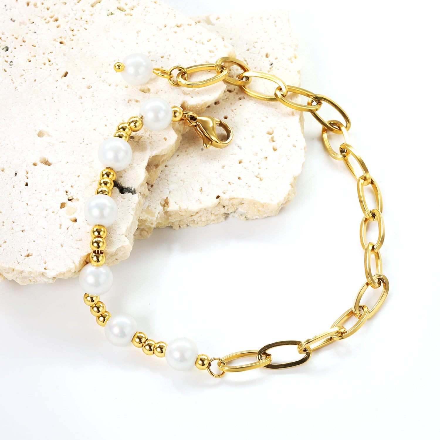 3mm*17pcs steel beads+6mm*7pcs white pearls+12cm cross matching chain bracelet 22cm asonjewelry