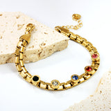 6.5mm round cake with mixed color zirconia+width 6*thick 2.8mm chain Bracelet 17cm+3cm+6mm round end tag Steel/Golden
