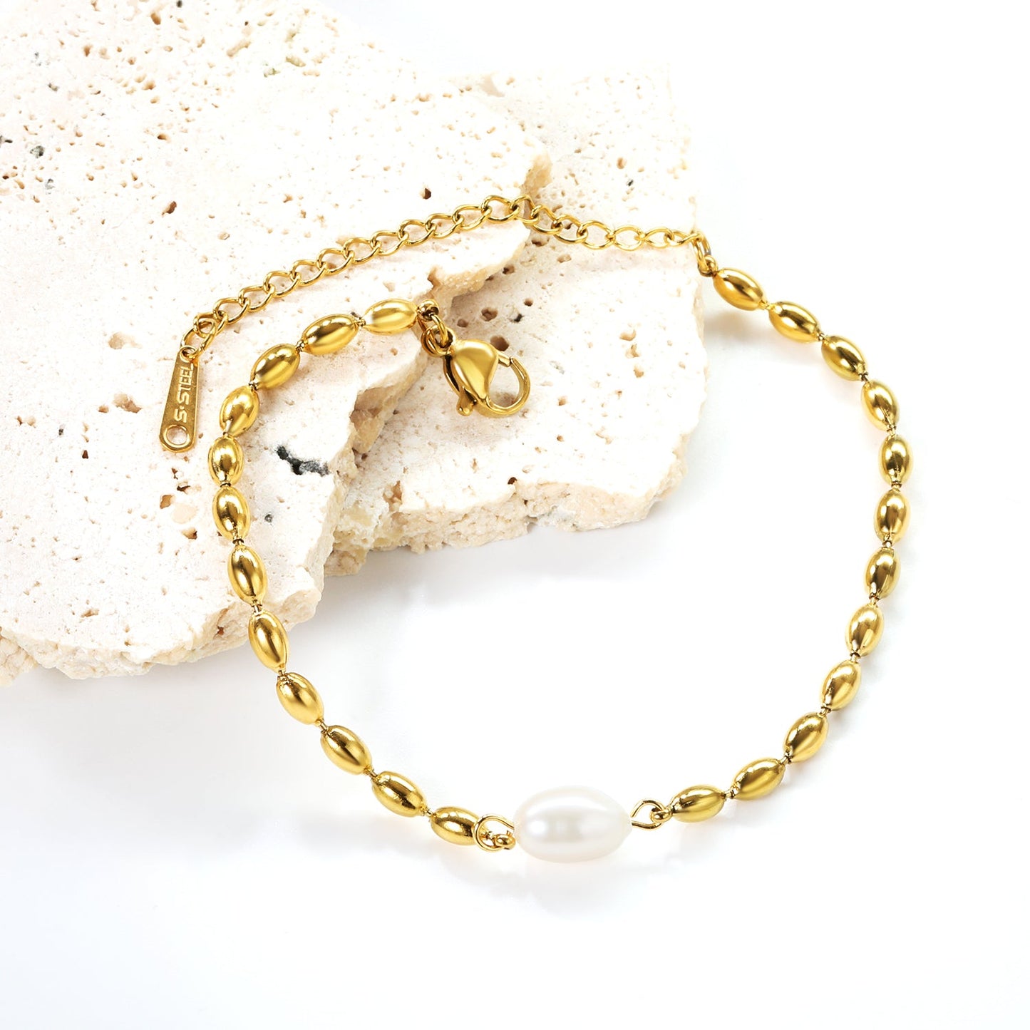 Wheat Bead Chain with 1 6*9mm Oval White Pearl Bracelet 17+5cm asonjewelry
