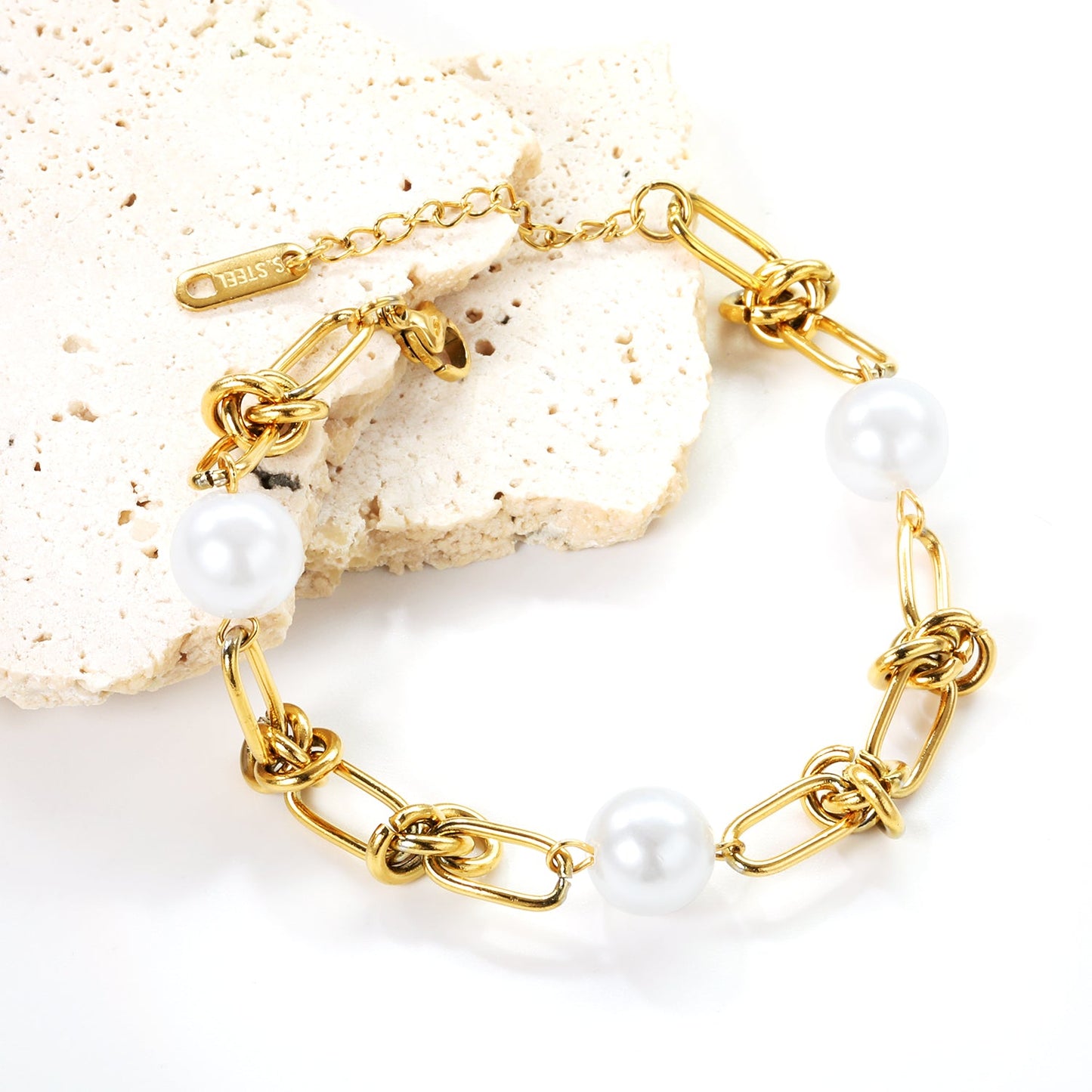 6 Knots + 9.6mm*3 Round White Pearls Bracelet 17+4cm asonjewelry