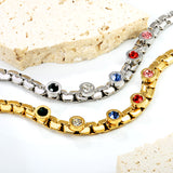6.5mm round cake with mixed color zirconia+width 6*thick 2.8mm chain Bracelet 17cm+3cm+6mm round end tag Steel/Golden