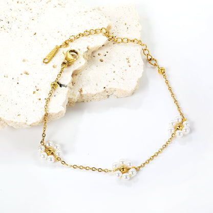 3mm*5 Steel Beads+3 White Pearls Flower Bracelet 15+5cm asonjewelry