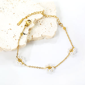 3mm*5 Steel Beads+3 White Pearls Flower Bracelet 15+5cm