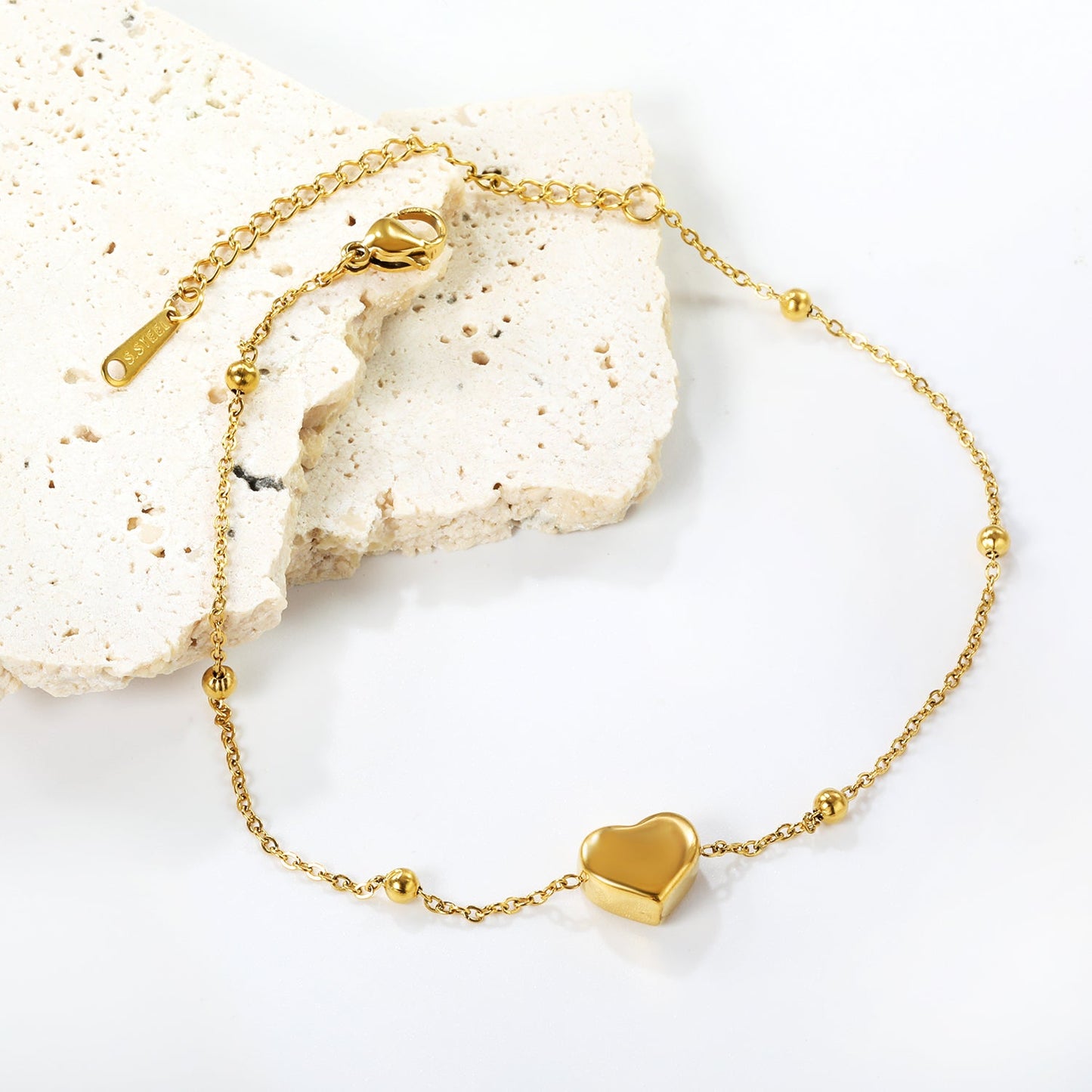 3mm*6 steel beads+10.5*9*5.4mm*1 three-dimensional heart anklet 1.3mm*22+5cm asonjewelry