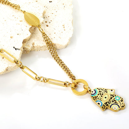 17.4*23.6mm palm with mixed color oil drops + 1 circle + 1 oval plaque with engraving + 21cm double spliced matching chain + 21cm long ring and circle matching chain necklace 45+5cm asonjewelry