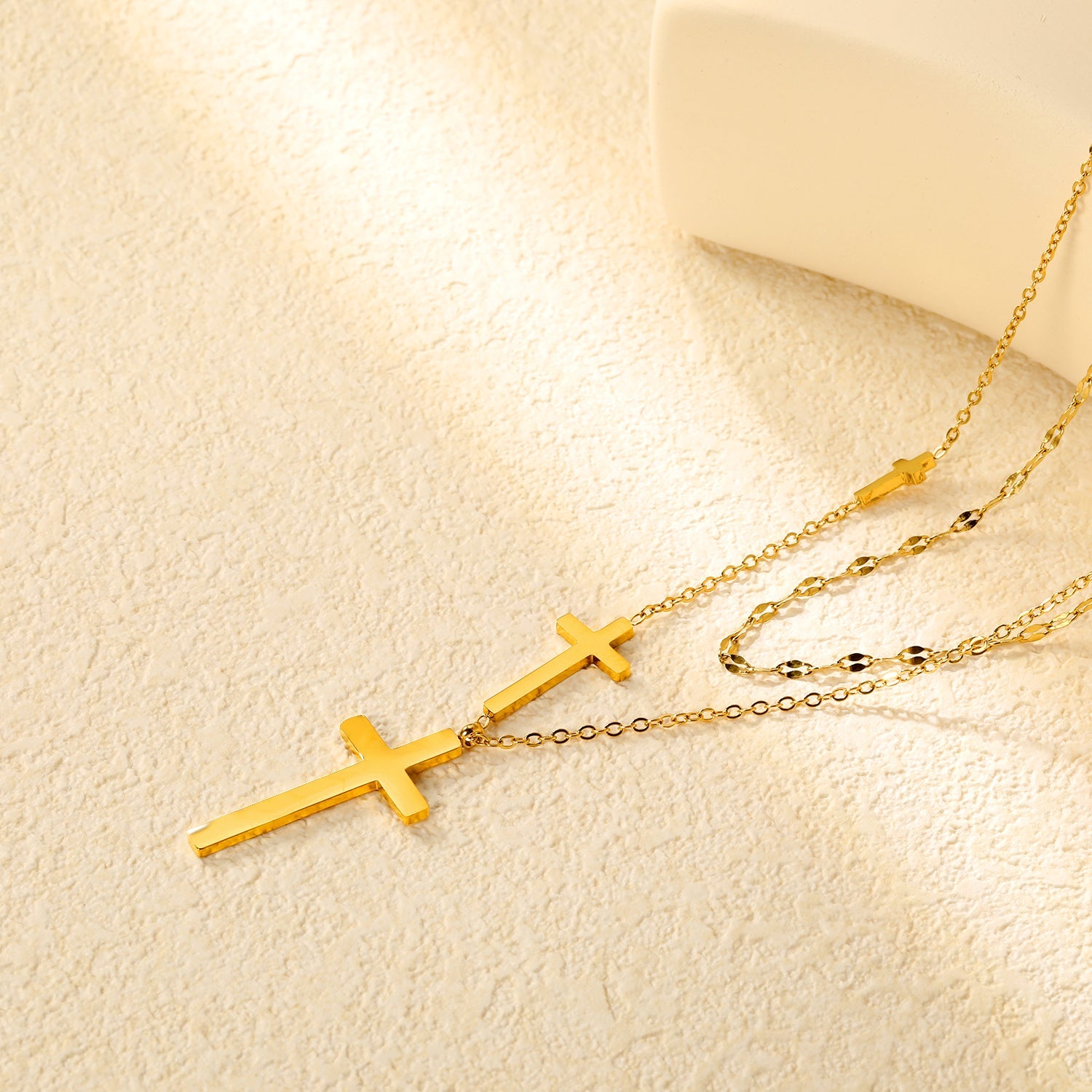 15 x 31.3mm + 10 x 19.4mm + 4.9 x 10mm Cross Pendant Lip Chain 40 + Cross Chain 45 + 5cm Double Chain Necklace, Gold asonjewelry