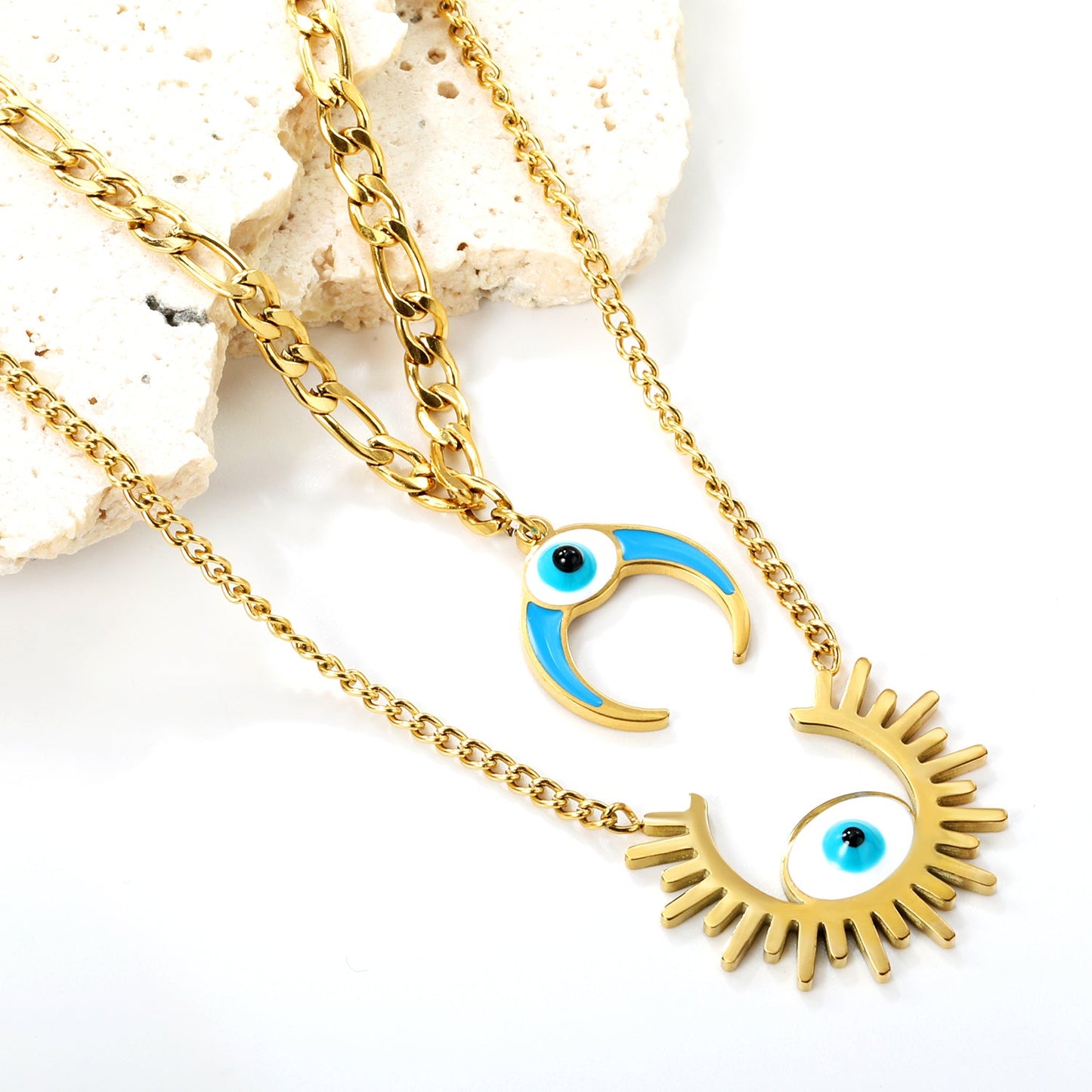 26.5mm Open Sun with White Eyes Accessory + 16mm Inverted C with Blue Drip Oil + White Eyes Accessory Double Chain Necklace 45+40+5cm asonjewelry