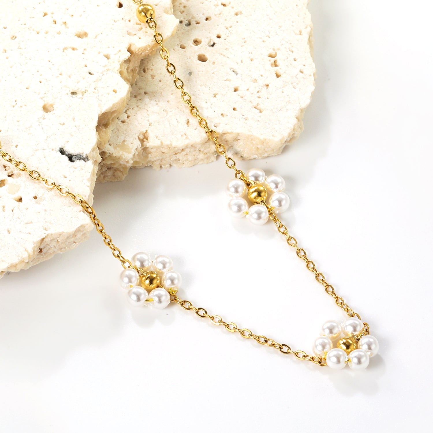 3mm*12 steel beads+3 flowers with white pearl pendant necklace 1.4mm*40+5cm asonjewelry