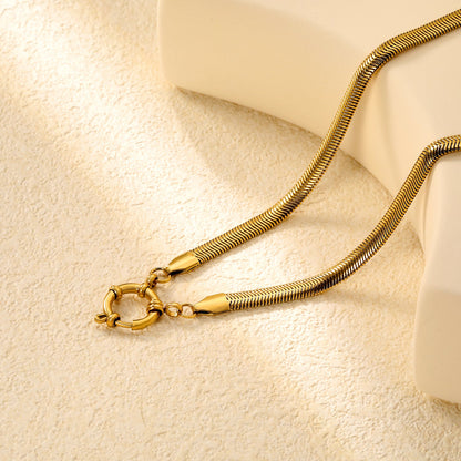 Flat snake chain 5mm wide x 2.2mm thick + 43cm + round clasp outer diameter 14.1mm necklace, gold asonjewelry