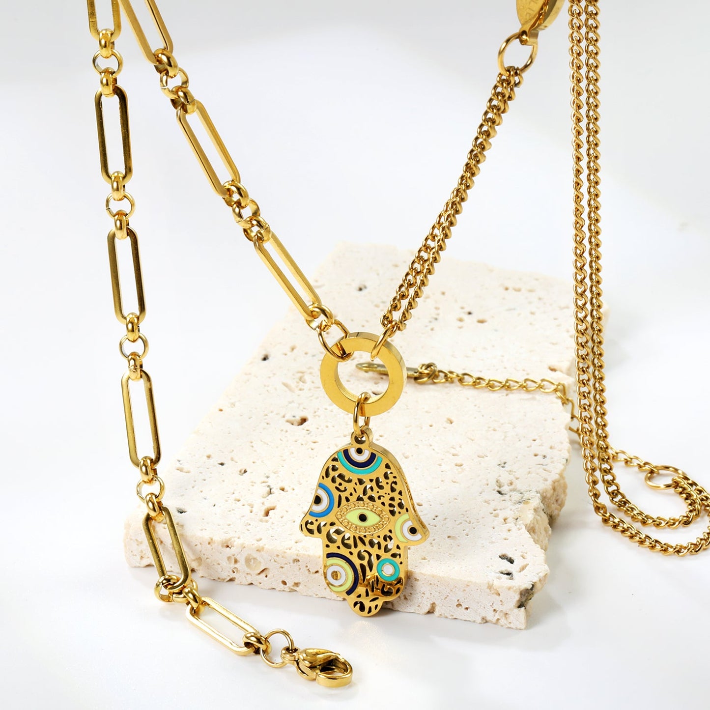 17.4*23.6mm palm with mixed color oil drops + 1 circle + 1 oval plaque with engraving + 21cm double spliced matching chain + 21cm long ring and circle matching chain necklace 45+5cm asonjewelry