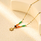 4mm mixed-color natural stone + 3mm steel beads + 11.2mm sun pendant, 40cm lip chain + 5cm + 3.5x11mm square-shaped pendant, necklace, gold color