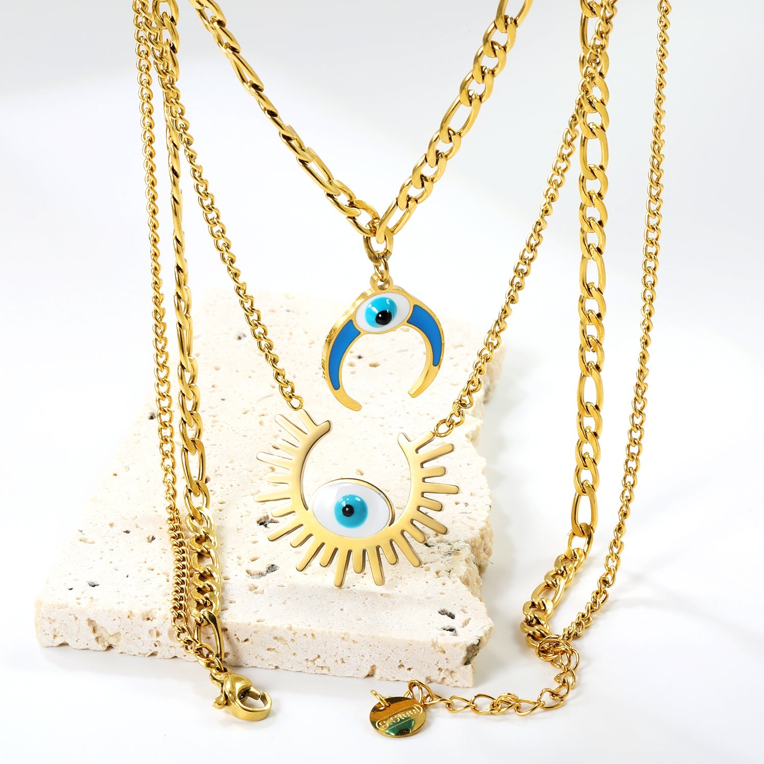 26.5mm Open Sun with White Eyes Accessory + 16mm Inverted C with Blue Drip Oil + White Eyes Accessory Double Chain Necklace 45+40+5cm asonjewelry