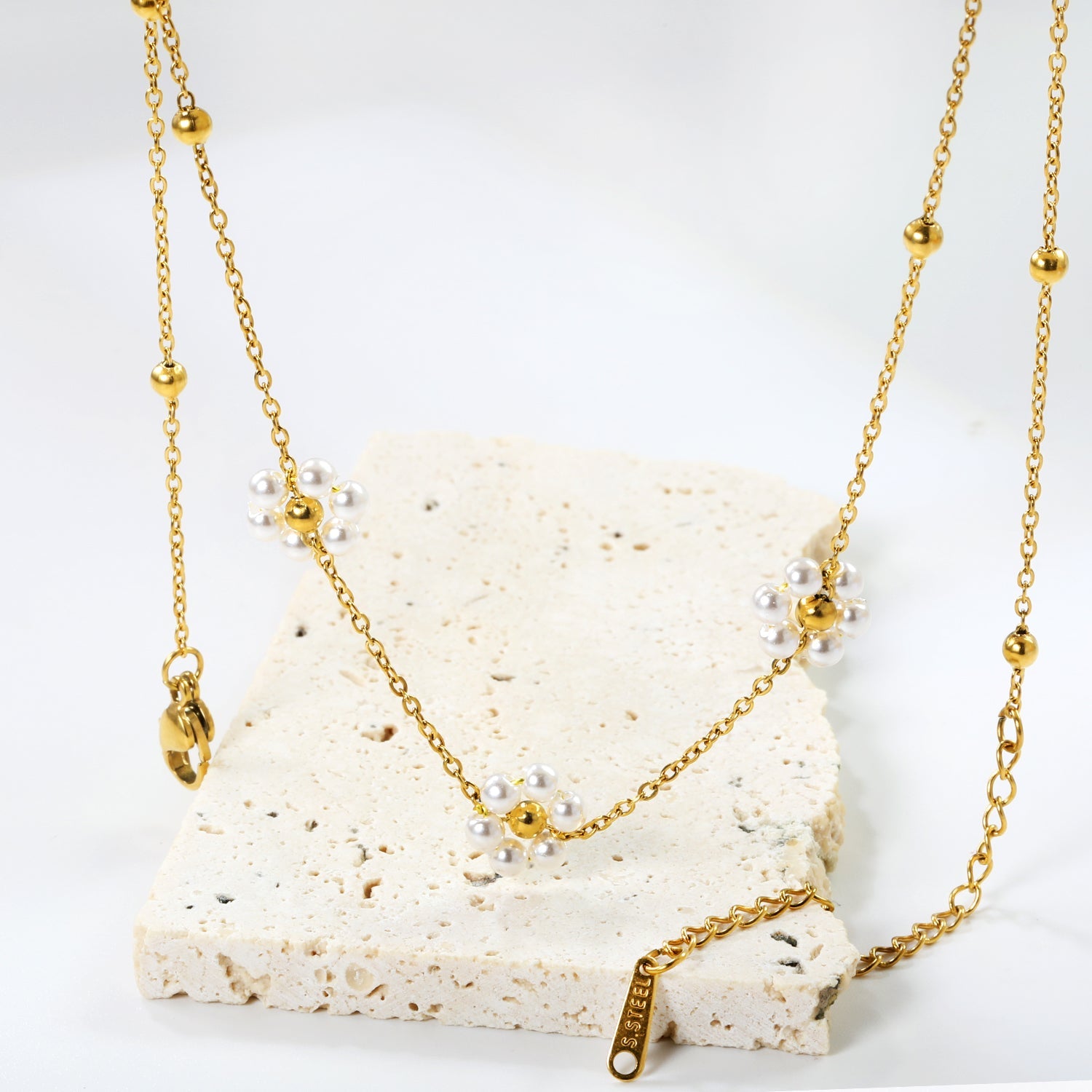 3mm*12 steel beads+3 flowers with white pearl pendant necklace 1.4mm*40+5cm asonjewelry