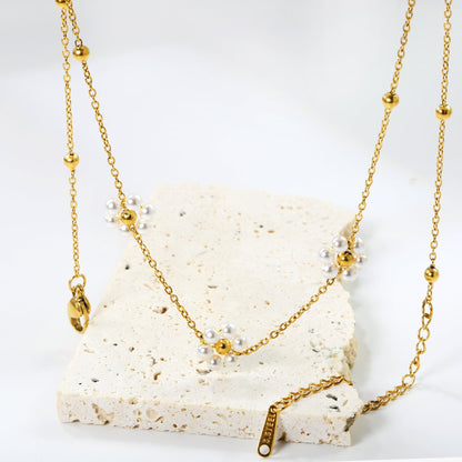 3mm*12 steel beads+3 flowers with white pearl pendant necklace 1.4mm*40+5cm asonjewelry