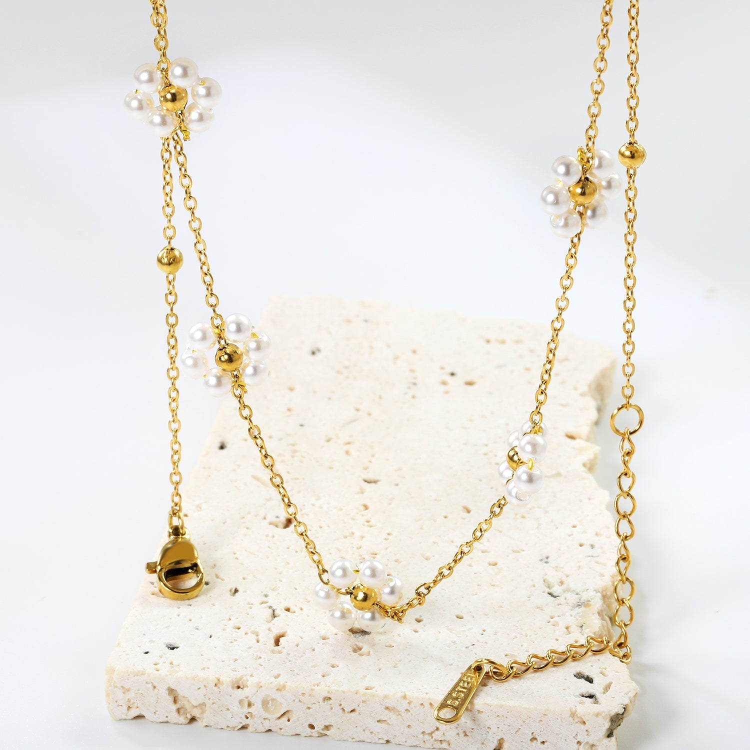 3mm*11 steel beads+5 flowers with white pearl pendant necklace 40+5cm asonjewelry