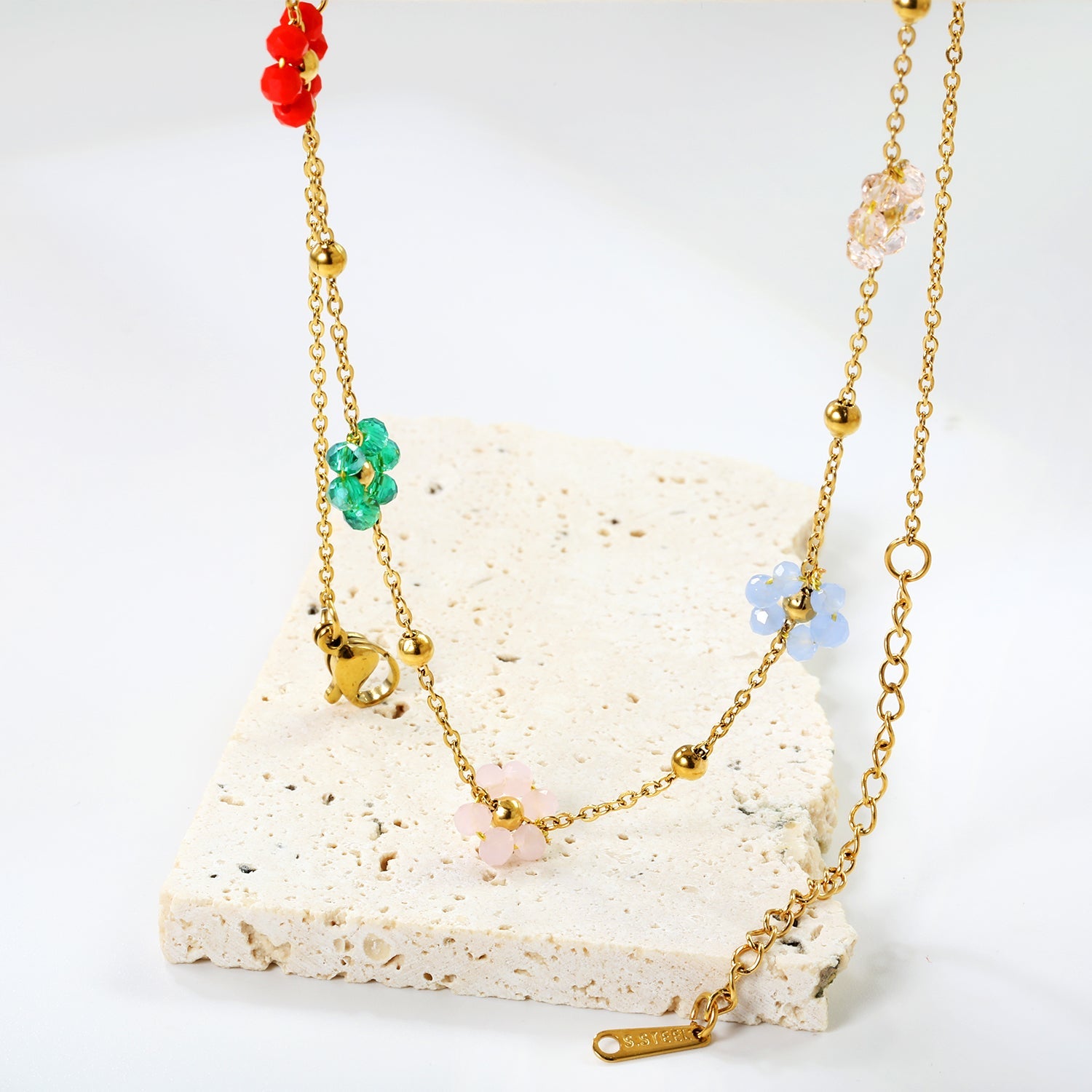 3mm*15 steel beads+7 flowers with mixed color beads pendant necklace 40+5cm asonjewelry