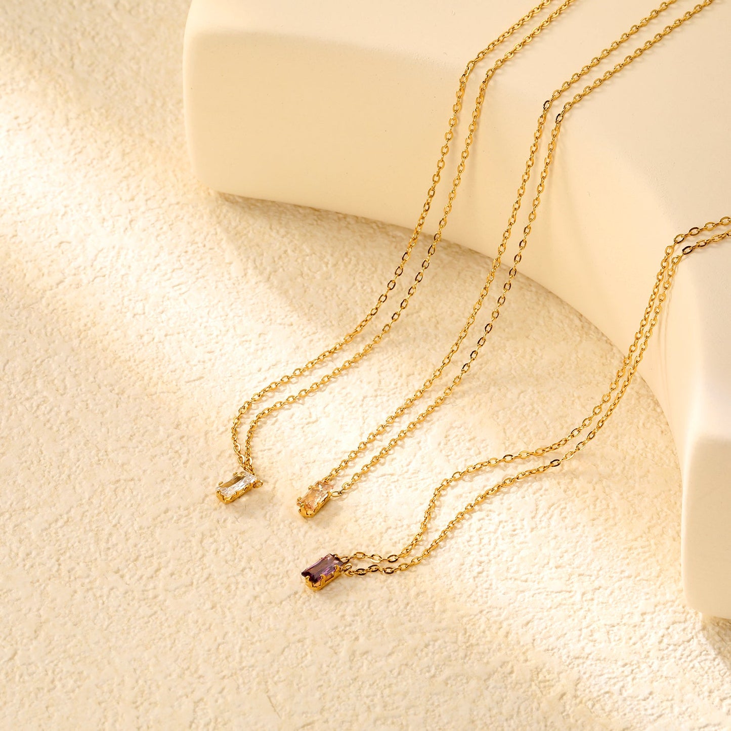 4.5*7.4mm Square White/Purple/Champagne Zircon Pendant 0.3 Cross Chain 40+5cm+6mm Round Tail Plaque Necklace GOLDEN asonjewelry