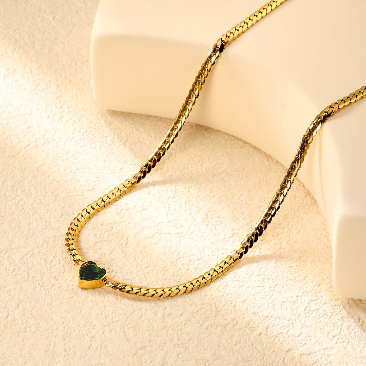 12.2mm White/Green Diamond Heart Pendant 4mm Golden Dragon Necklace 40+5cm+3*10mm Square Tail Plate/Cone Tail Plate Necklace Golden asonjewelry